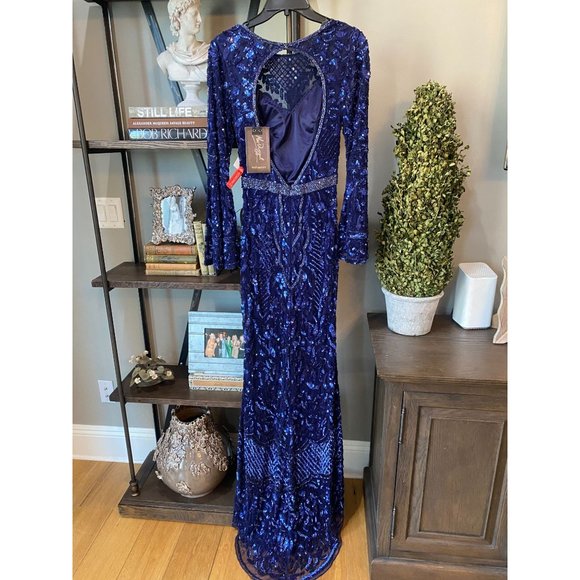 Mac Duggal 4576 Sequin Bell Sleeve Gown Blue Women's Size 2 - Picture 10 of 16